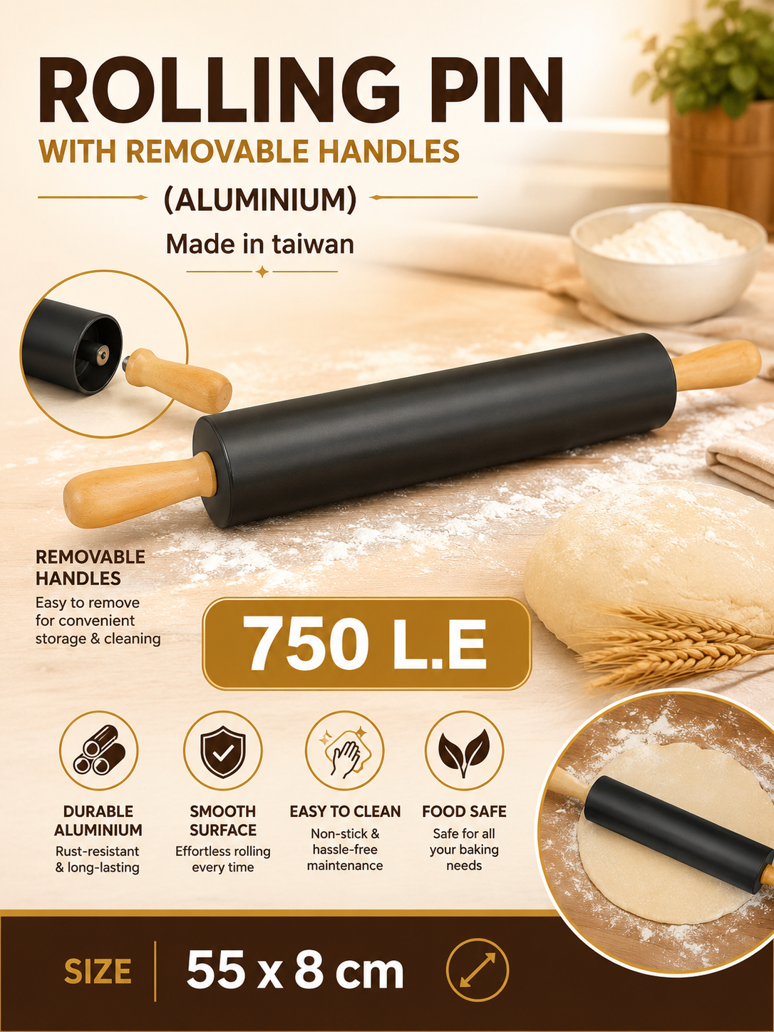 Aluminium rolling pin with removable handles